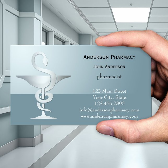 Silver Caduceus Apotek Visitkort (Modern pharmaceutical themed business card in pale teal blue with a silver caduceus - pharmacy)