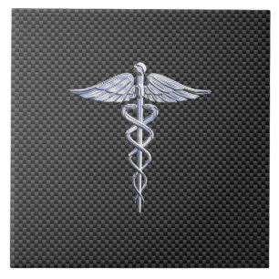 Silver Caduceus Medical Symbol Carbon Fiber Stil Kakelplatta