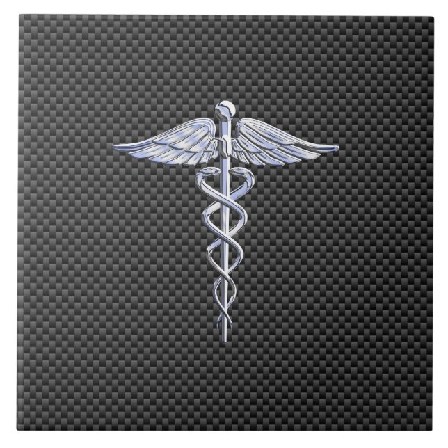 Silver Caduceus Medical Symbol Carbon Fiber Stil Kakelplatta (Framsidan)