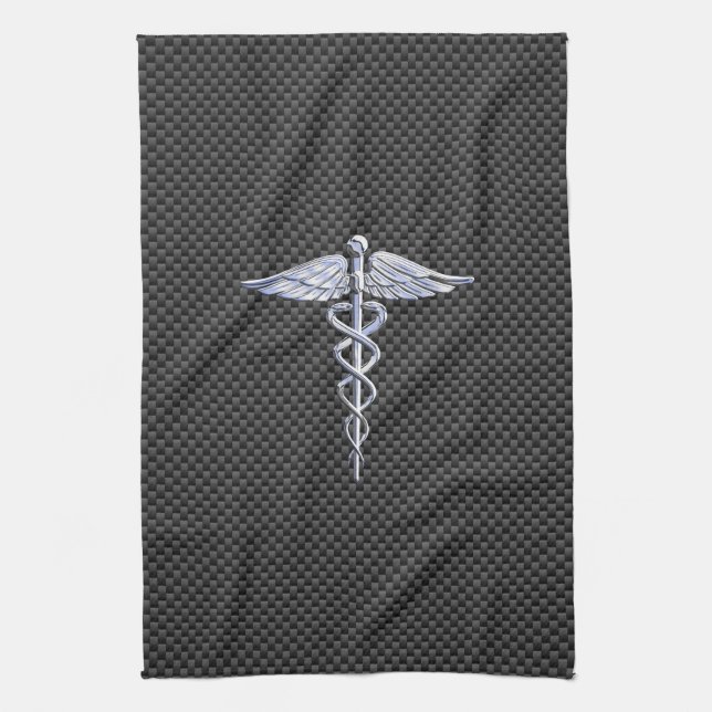Silver Caduceus Medical Symbol Carbon Fiber Stil Kökshandduk (Vertikal)