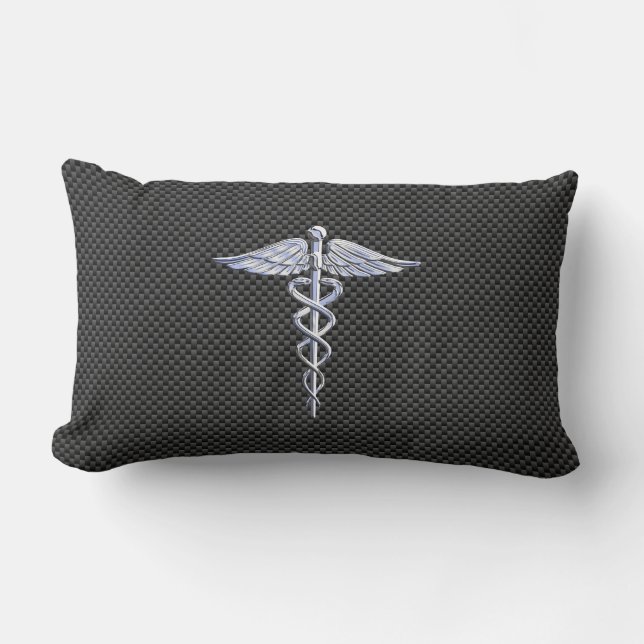 Silver Caduceus Medical Symbol Carbon Fiber Stil Lumbarkudde (Framsida)