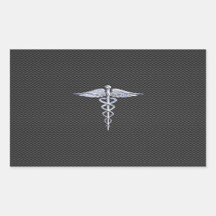 Silver Caduceus Medical Symbol Carbon Fiber Stil Rektangulärt Klistermärke