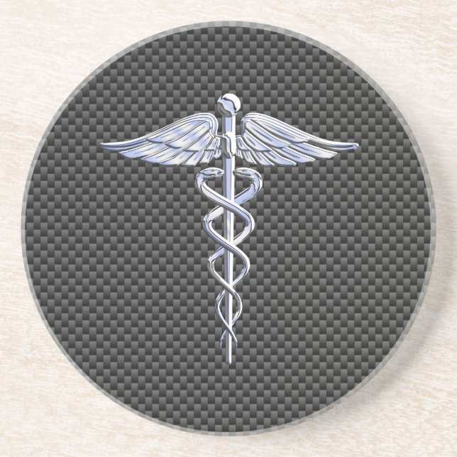 Silver Caduceus Medical Symbol Carbon Fiber Stil Underlägg (Framsidan)