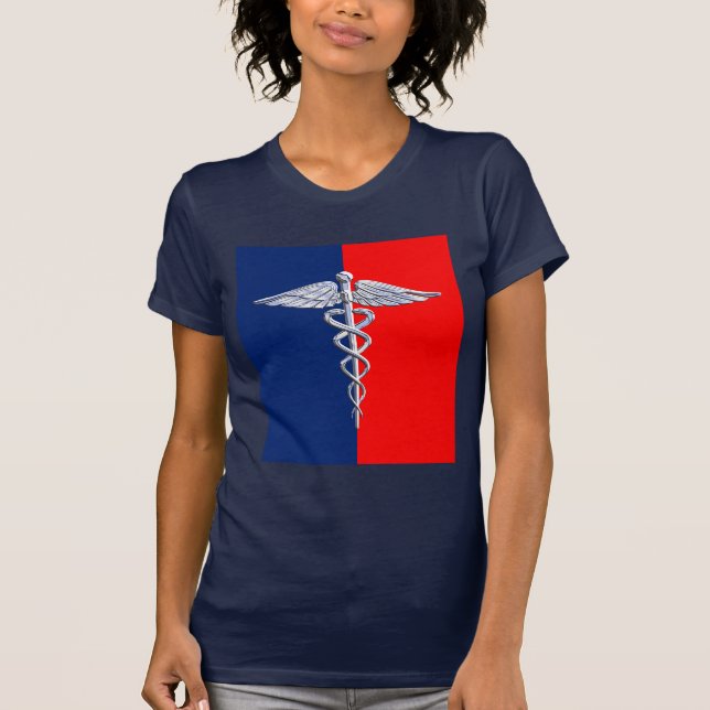 Silver Caduceus Medical Symbol League T Shirt (Framsida)