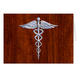 Silver Caduceus Medical Symbol Mahogany Decor Hälsningskort
