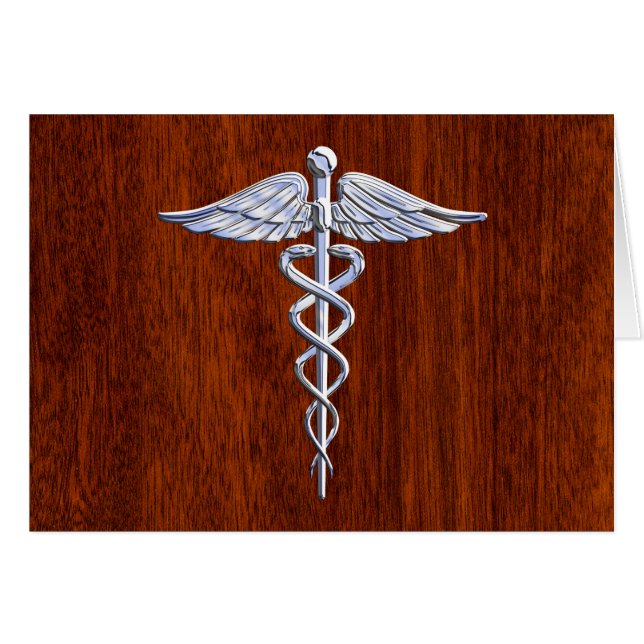 Silver Caduceus Medical Symbol Mahogany Decor Hälsningskort (Framsidan Horizontal)