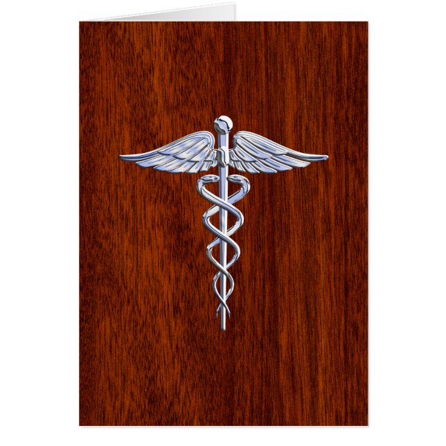 Silver Caduceus Medical Symbol Mahogany Decor Hälsningskort (Framsidan)