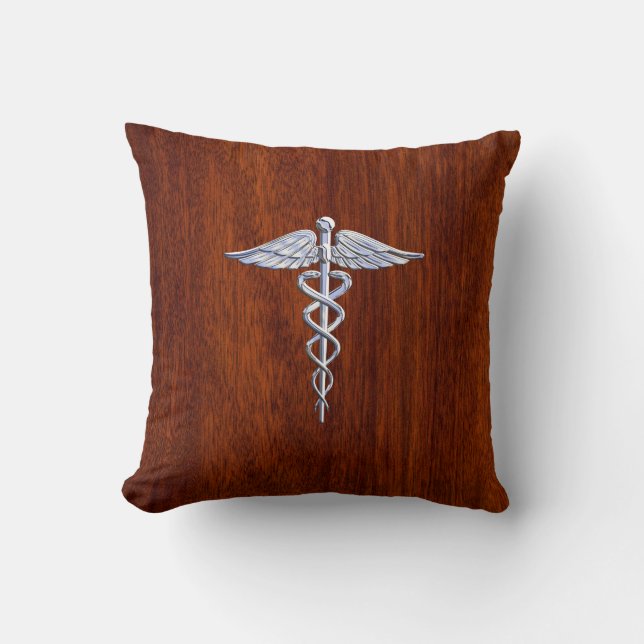Silver Caduceus Medical Symbol Mahogany Decor Kudde (Framsida)