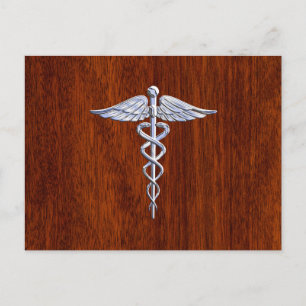 Silver Caduceus Medicinsk Symbol Mahogny Dekor Vykort