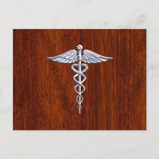 Silver Caduceus Medicinsk Symbol Mahogny Dekor Vykort (Framsida)