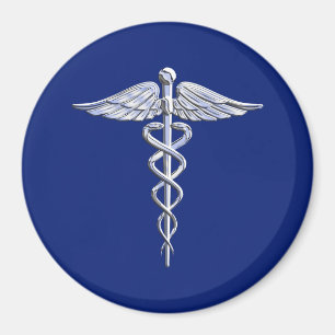 Silver Caduceus Medicinsk symbol på marinblått däc Magnet