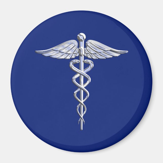 Silver Caduceus Medicinsk symbol på marinblått däc Magnet (Framsidan)