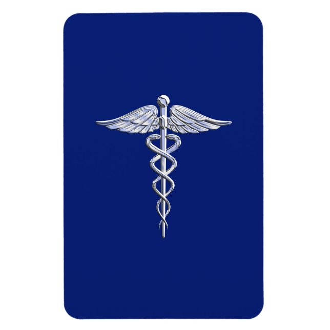 Silver Caduceus Medicinsk symbol på marinblått däc Magnet (Vertikal)