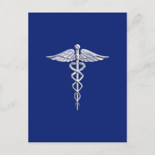 Silver Caduceus Medicinsk symbol på marinblått däc Vykort