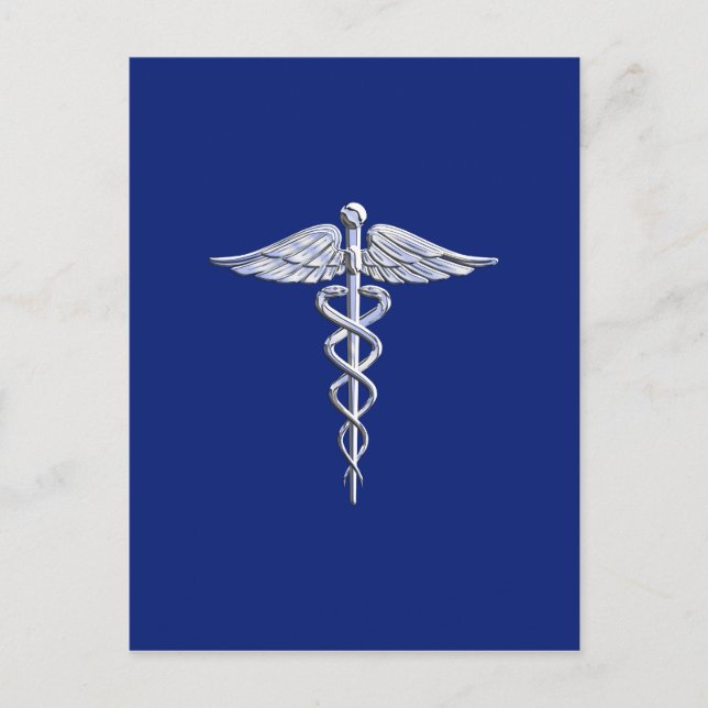 Silver Caduceus Medicinsk symbol på marinblått däc Vykort (Framsida)
