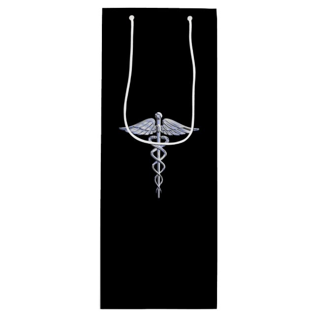 Silver Caduceus Medicinsk symbol på svart (Framsidan)
