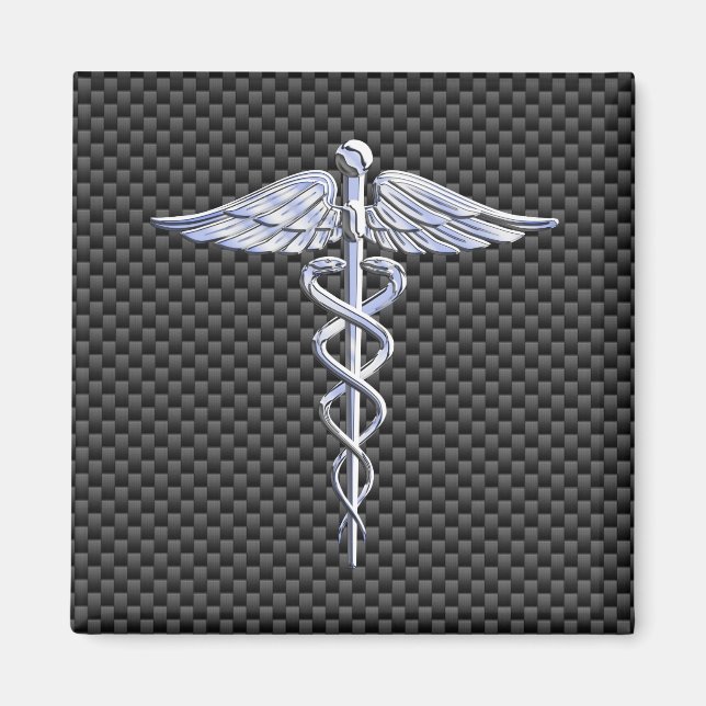 Silver Caduceus Medicinska Symbol Kolfiber Stil Magnet (Framsidan)