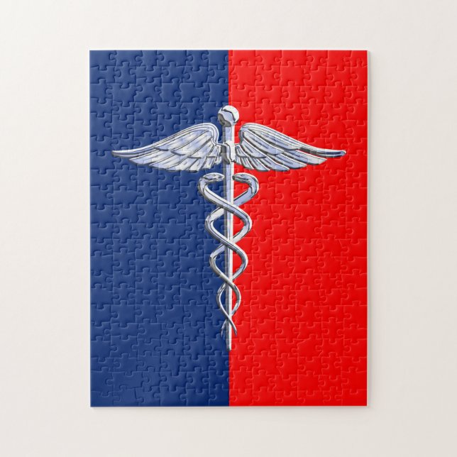 Silver Caduceus Medicinska Symbol Liga Pussel (Vertikal)