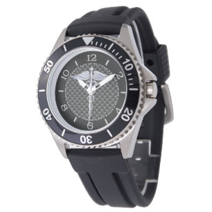 Silver Caduceus Symbol Carbon Fiber Stil Dial Armbandsur