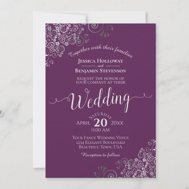 Silver Calligraphy Elegant Plum Purple Wedding Inbjudningar (Framsida)
