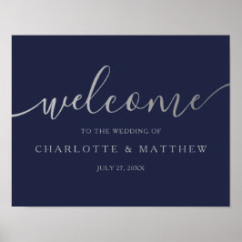 Silver Calligraphy Navy Welcome Bröllop Poster