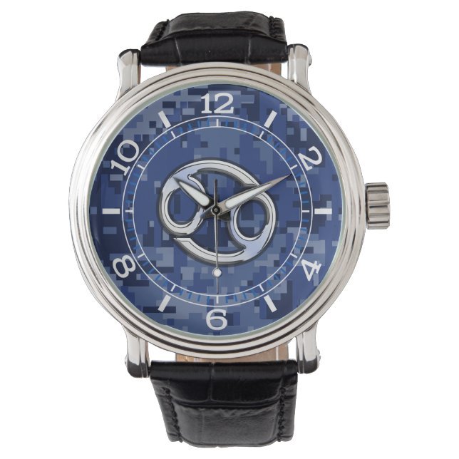 Silver Cancer Zodiac Signera Navy Blue Camo Dial Armbandsur (Framsida)