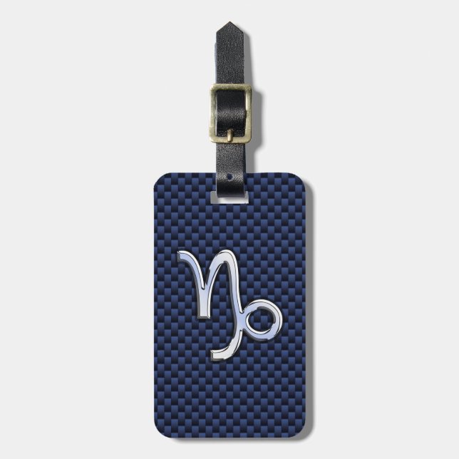 Silver Capricorn Zodiac Sign Blue Carbon Stil Bagagebricka (Vertikal Framsida)