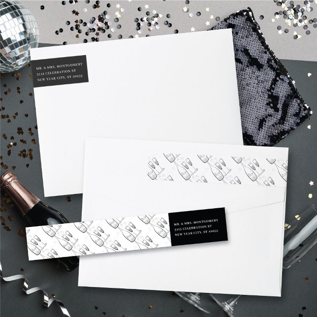 Silver Champagne Cheers Snyggt Nya året Adress Etikettband (Silver Champagne Cheers Stylish New Year Return Address Wrap Around Label @ fat_fa_tin)
