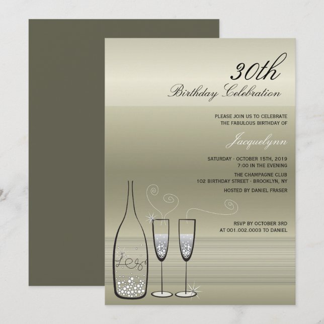 Silver Champagne Milestone Födelsedagsfest Inbjuda Inbjudningar (Fram/baksida)