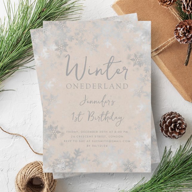 Silver Champagne Winter ONEDERLAND 1:a födelsedage Inbjudningar (Silver Champagne Winter ONEDERLAND 1st Birthday Invitation)