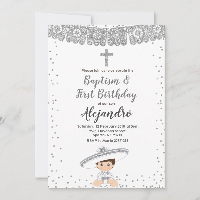 Silver Charro Boy baptism och födelsedagsinbjudan Inbjudningar (Framsida)
