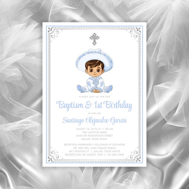 Silver Charro Dopnings- & Födelsedagsinbjudan Inbjudningar (Cute baby charro baptism invitation. All text can be changed, baby moved, cross moved/removed.)