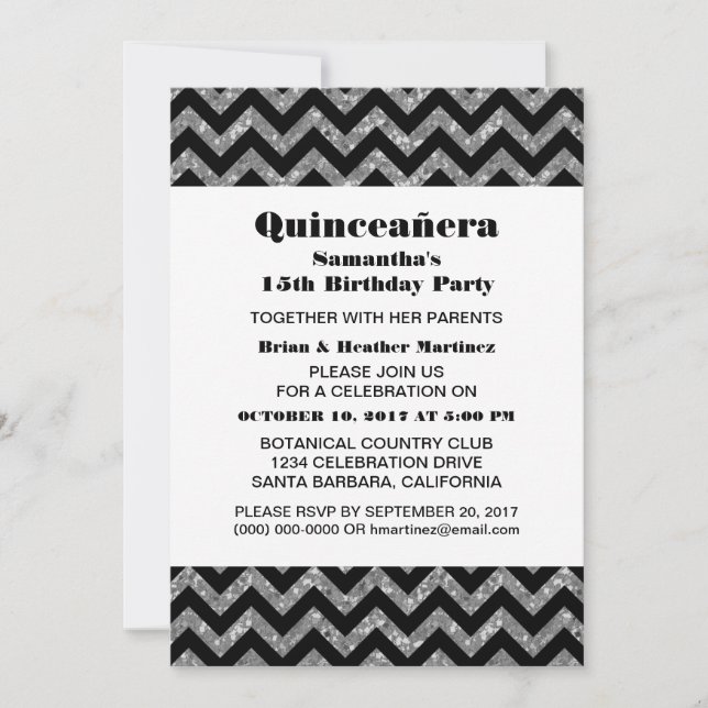 Silver Chevron Glitter Quinceañera Party Inbjudan (Framsida)