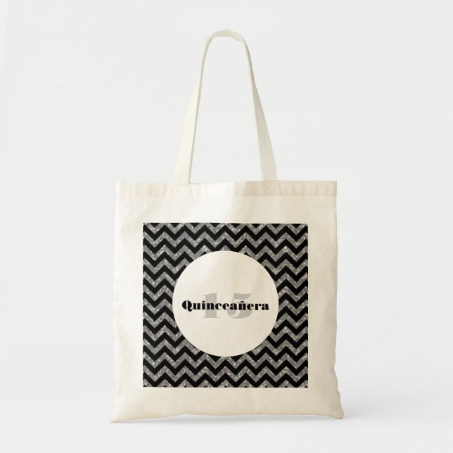 Silver Chevron Glitter Quinceañera Tote Bag Tygkasse (Framsidan)