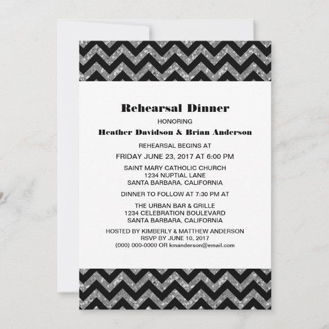 Silver Chevron Glitter Rehearsal Dinner Inbjudan (Framsida)