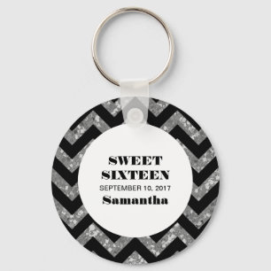 Silver Chevron Glitter Sweet 16 Keychain Nyckelring