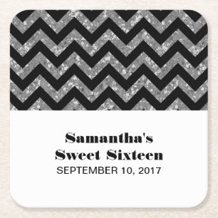 Silver Chevron Glitter Sweet 16 Papprare Underläg Underlägg Papper Kvadrat