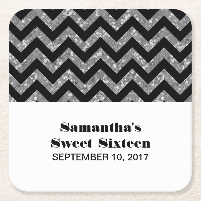 Silver Chevron Glitter Sweet 16 Papprare Underlägg Papper Kvadrat (Framsidan)