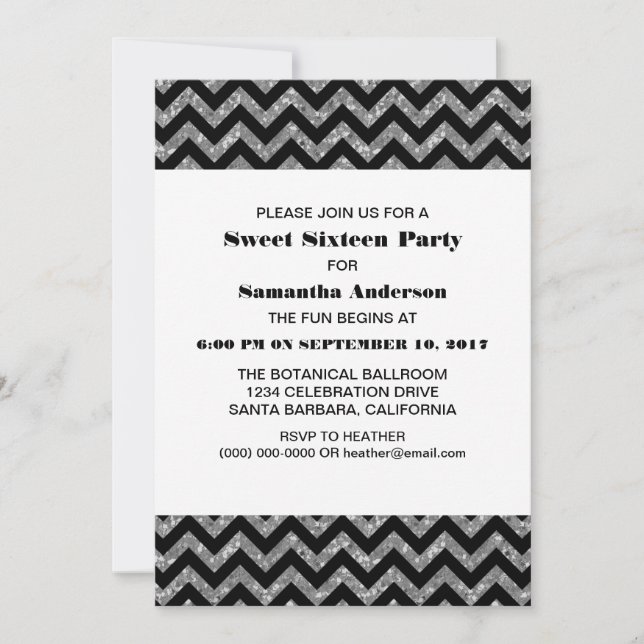 Silver Chevron Glitter Sweet 16 Party Inbjudan (Framsida)