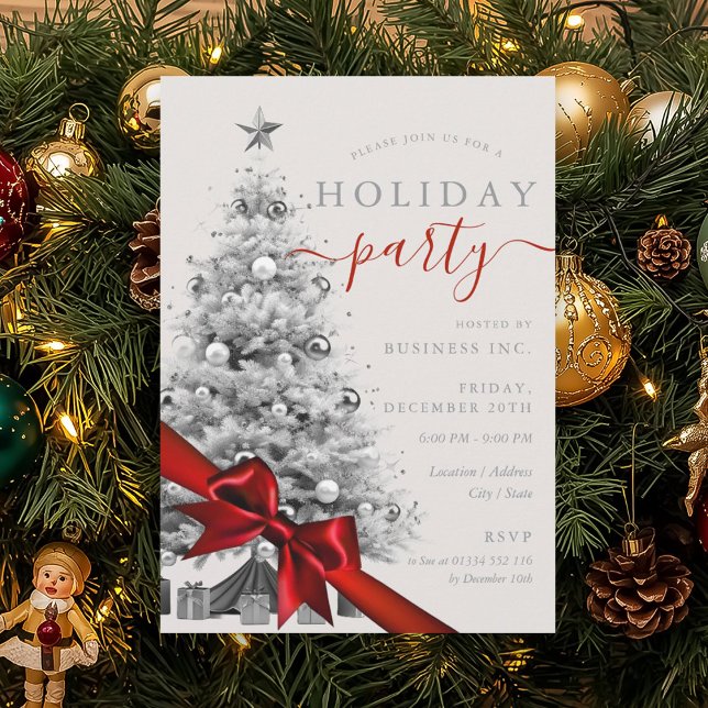 Silver Christmas Tree Red Bow Corporate Holiday  Inbjudningar (Silver Christmas Tree Red Bow Corporate Holiday Invitation)
