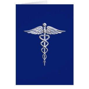Silver Chrome Caduceus Medical Symbol på marinblåt Hälsningskort