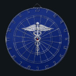 Silver Chrome Caduceus Medical Symbol på marinblåt Piltavla<br><div class="desc">Symbolisk Silver-krom som Caduceus Medical Symbol-design som presenteras här på en marin blå dekoration. Caduceus-ormarna är designade för att se ut som om de är tillverkade av krom. Bra för en studenten tillfälle, en påstående för ditt yrke, eller för en gåva med det medicinska utseende du är tittar för. Här...</div>