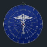 Silver Chrome Caduceus Medical Symbol på marinblåt Piltavla<br><div class="desc">Symbolisk Silver-krom som Caduceus Medical Symbol-design som presenteras här på en marin blå dekoration. Caduceus-ormarna är designade för att se ut som om de är tillverkade av krom. Bra för en studenten tillfälle, en påstående för ditt yrke, eller för en gåva med det medicinska utseende du är tittar för. Här...</div>
