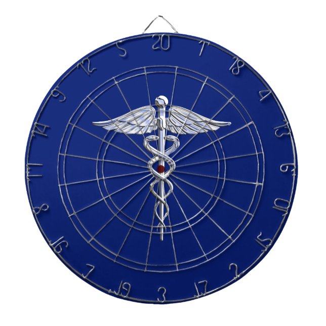 Silver Chrome Caduceus Medical Symbol på marinblåt Piltavla (Framsidan)