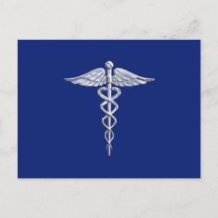 Silver Chrome Caduceus Medical Symbol på marinblåt Vykort