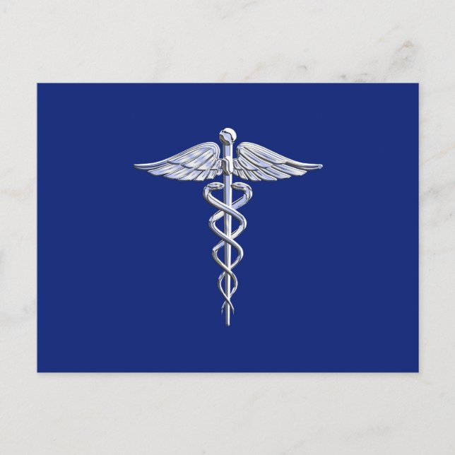 Silver Chrome Caduceus Medical Symbol på marinblåt Vykort (Framsida)