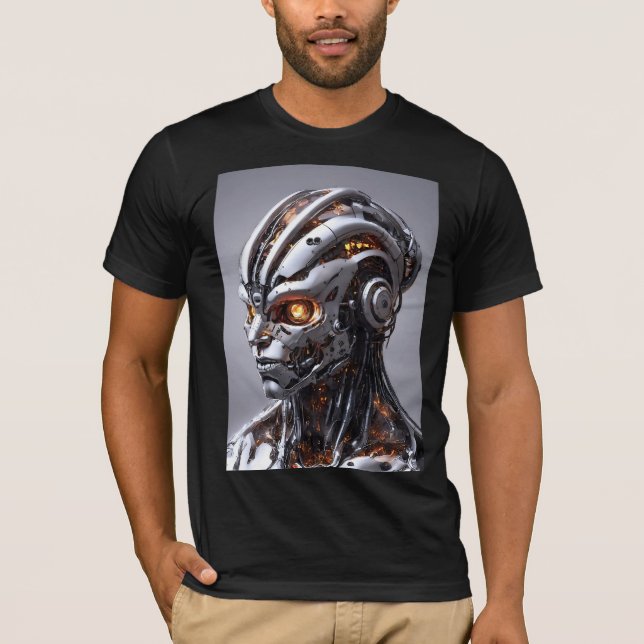 Silver Chrome Cyborg Glowing Orange Sci-Fi T Shirt (Framsida)