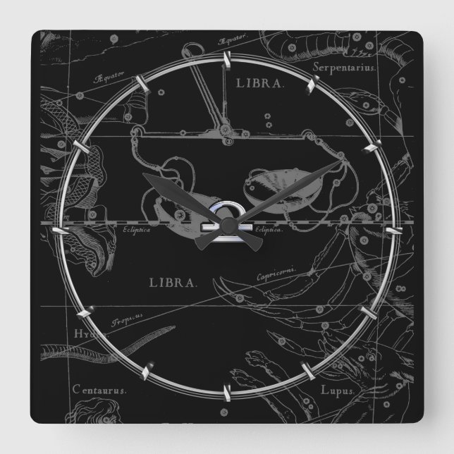 Silver Chrome som Libra Zodiac Sign på Hevelius Fyrkantig Klocka (Framsida)