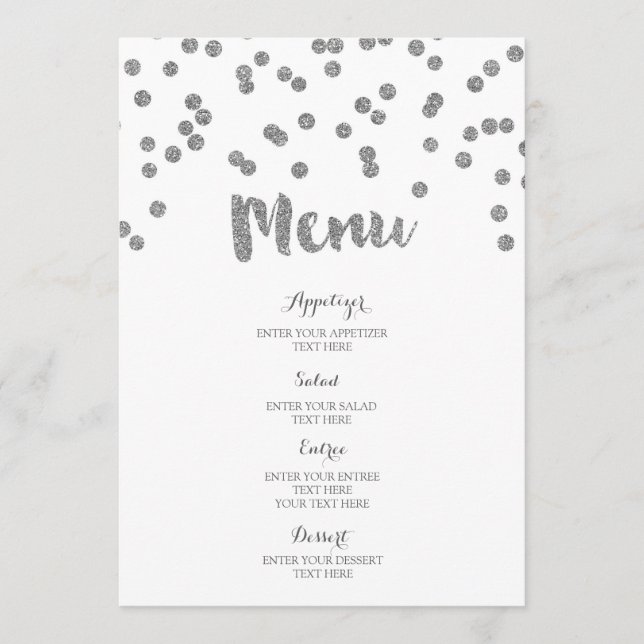 Silver Confetti Bröllop Menu Meny (Framsida)