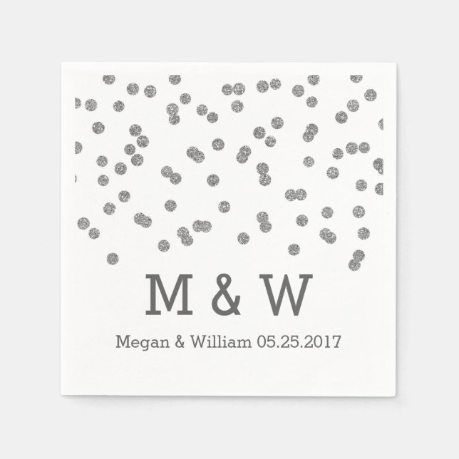 Silver Confetti Bröllop Monogram Pappersservett (Framsidan)